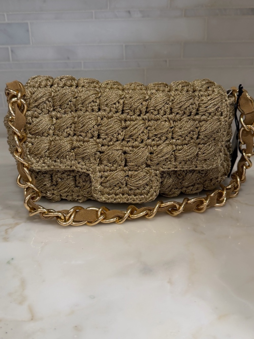 NEW! Maison Lurex Baby Pergola Sac Gold Crochet Shoulder Bag with Chain Strap